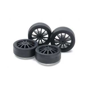 Small Diameter Low Friction Low-Profile Tires (26mm) & Carbon Wheels (Fin) - 15534 - 4WD Mini Racer - Tamiya
